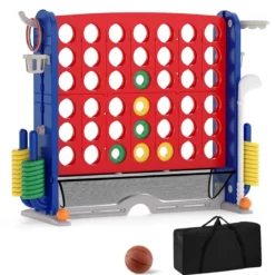 4 in 1 Vier Gewinnt mit Ringwurf & Basketballkorb & Golfspiel & Tragetasche Jumbo 4 Gewinnt Rot