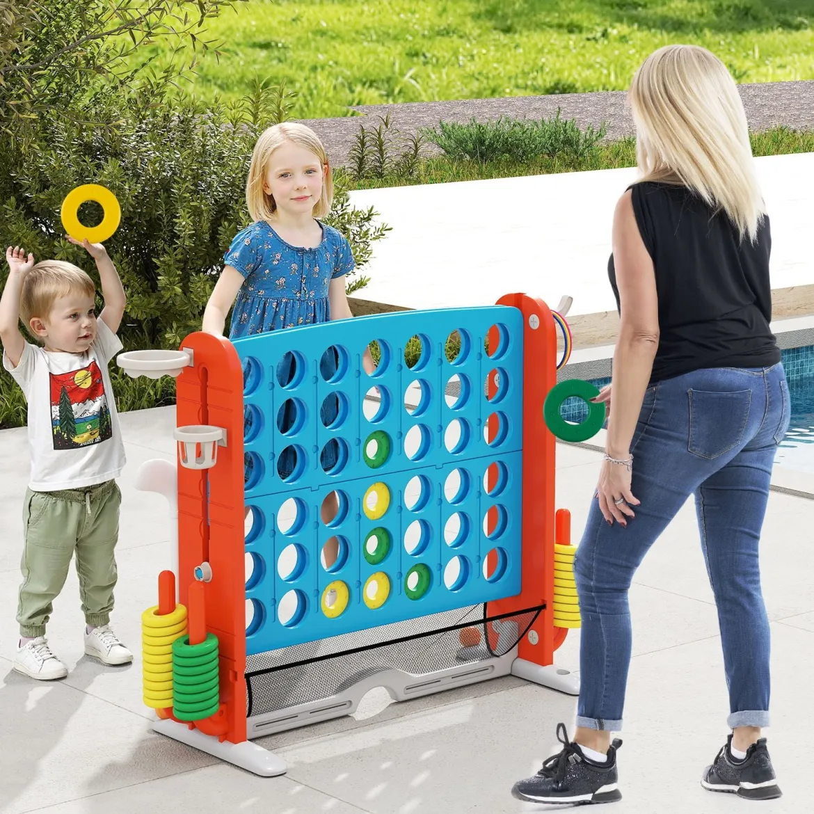 4 in 1 Vier Gewinnt mit Ringwurf & Basketballkorb & Golfspiel & Tragetasche Jumbo 4 Gewinnt Blau