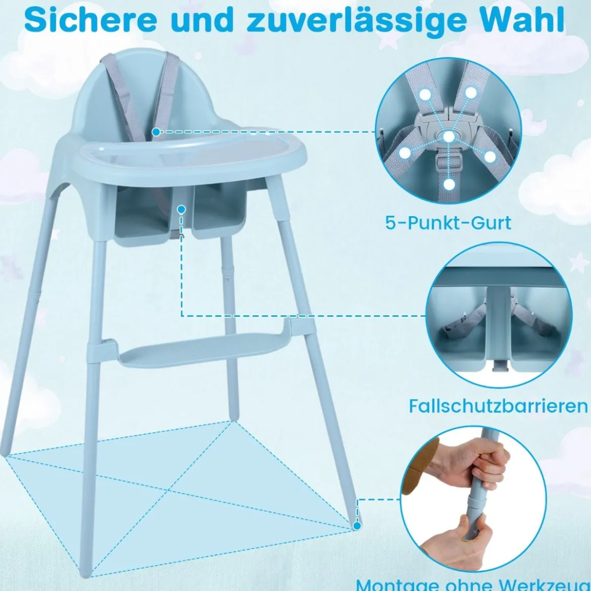 4-in-1 wandelbarer Hochstuhl für Babys Babyhochstuhl mit 2 Höhen Kinderstuhl Blau