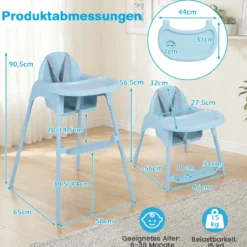 4-in-1 wandelbarer Hochstuhl für Babys Babyhochstuhl mit 2 Höhen Kinderstuhl Blau