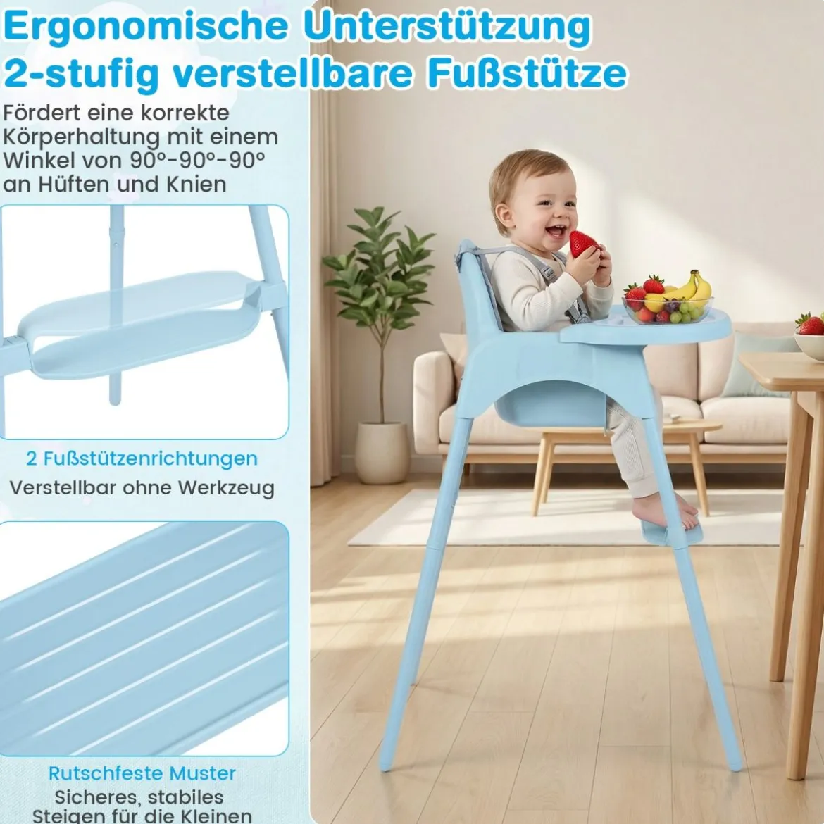 4-in-1 wandelbarer Hochstuhl für Babys Babyhochstuhl mit 2 Höhen Kinderstuhl Blau