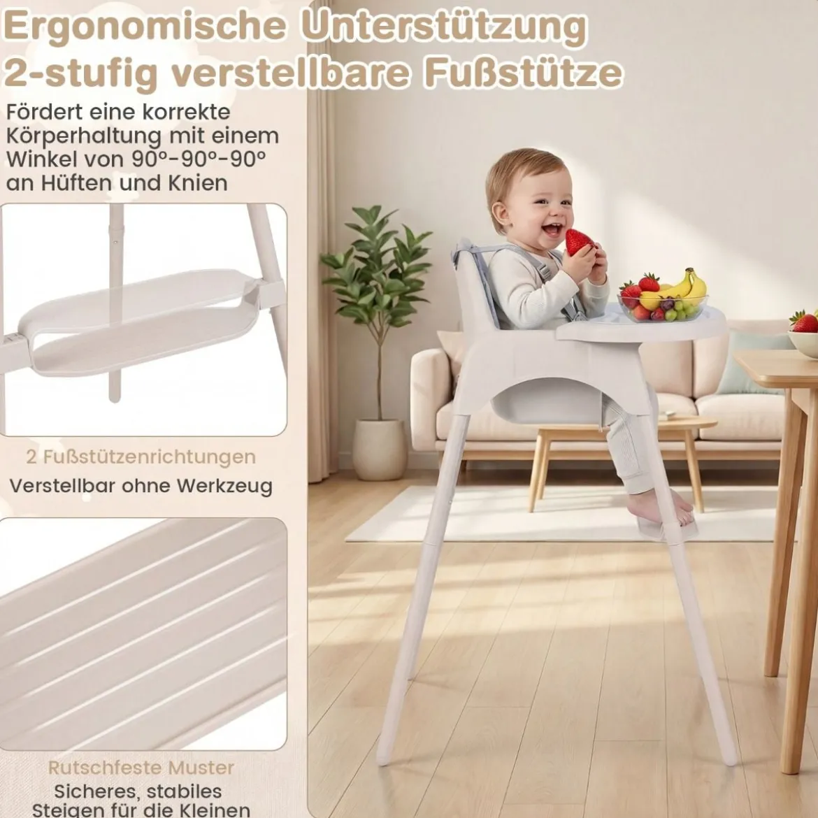 4-in-1 wandelbarer Hochstuhl für Babys Babyhochstuhl mit 2 Höhen Kinderstuhl Khaki