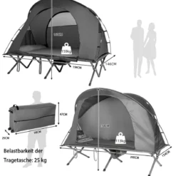 4 in 1 Wanderzelt Set für 2 Personen mit Abdeckung und Matratze 194 x 146 x 160 cm Grau