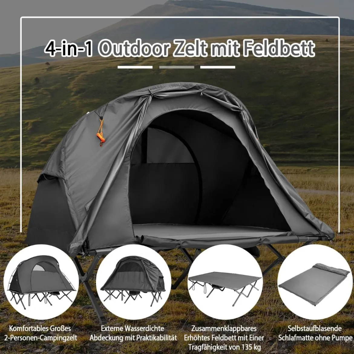 4 in 1 Wanderzelt Set für 2 Personen mit Abdeckung und Matratze 194 x 146 x 160 cm Grau