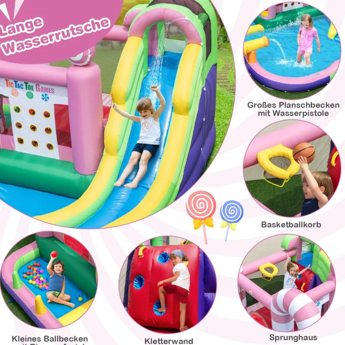 9-in-1-Wasserpark im Süßigkeiten-Thema mit Rutsche & Wasserpistole & Tic-Tac-Toe-Spiel