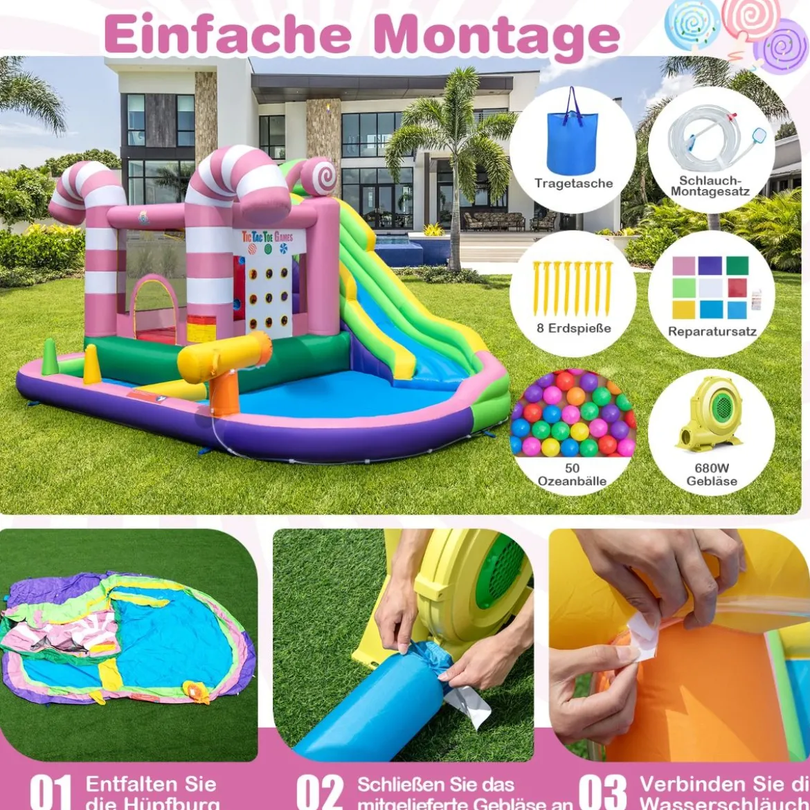 9-in-1-Wasserpark im Süßigkeiten-Thema mit Rutsche & Wasserpistole & Tic-Tac-Toe-Spiel