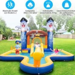 7-in-1 Wasserrutschenpark aufblasbares Hüpfhaus mit Spritzpool 578 x 408 x 250 cm