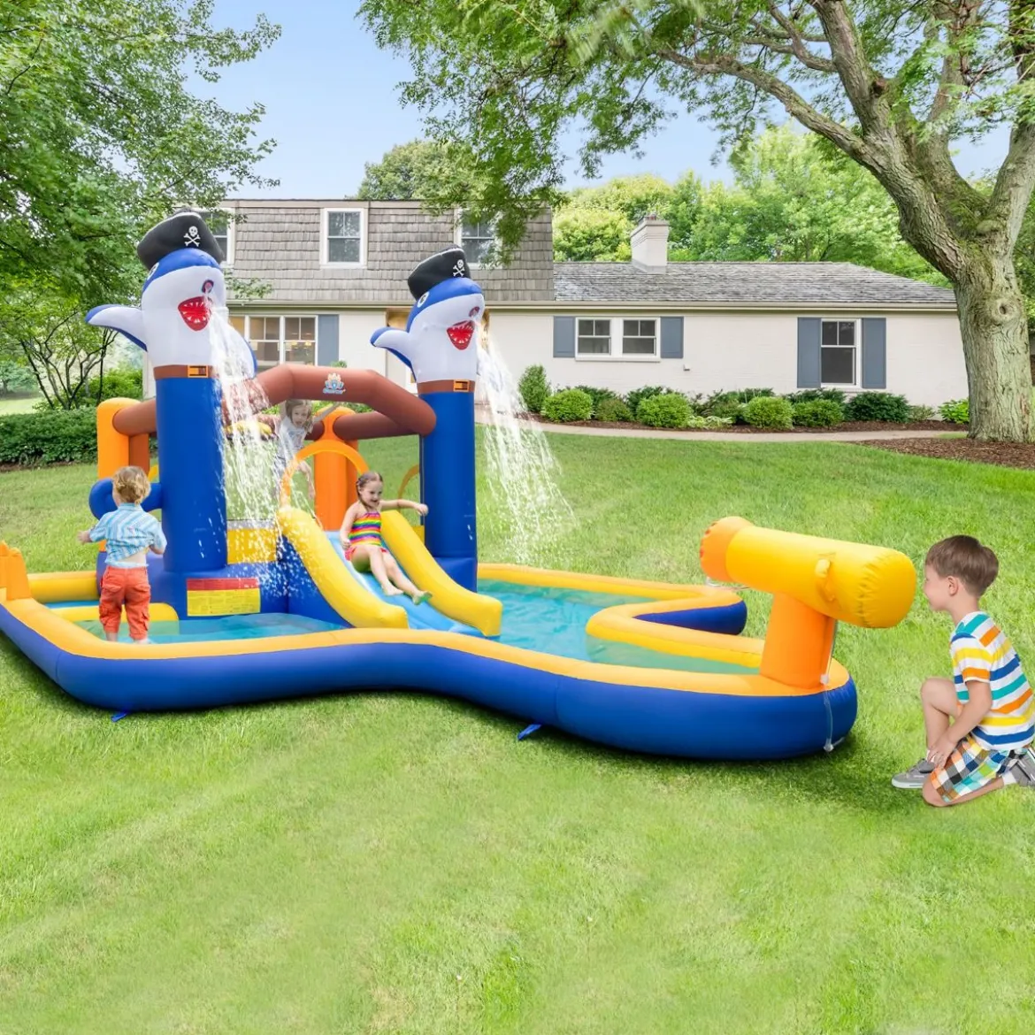 7-in-1 Wasserrutschenpark aufblasbares Hüpfhaus mit Spritzpool 578 x 408 x 250 cm