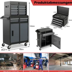2 in 1 Werkstattwagen mit Koffer & 8 Fächer & Verstellbarem Regal Werkzeugwagen 100 kg Tragkraft