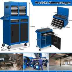 2 in 1 Werkstattwagen mit Koffer & 8 Fächer & Verstellbarem Regal Werkzeugwagen 100 kg Tragkraft