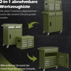 2 in 1 Werkstattwagen mit Koffer & 8 Fächer & Verstellbarem Regal Werkzeugwagen 100 kg Tragkraft