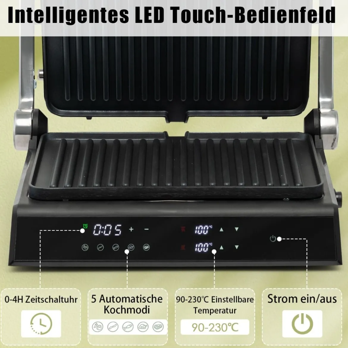 3-in-1 1800W Panini-Pressgrill mit antihaftbeschichteten Platten Elektrogrill