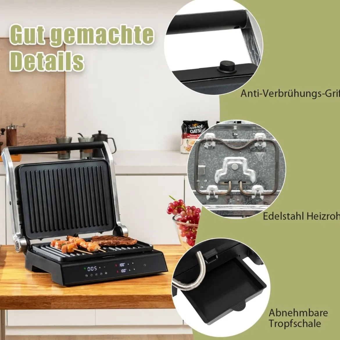 3-in-1 1800W Panini-Pressgrill mit antihaftbeschichteten Platten Elektrogrill