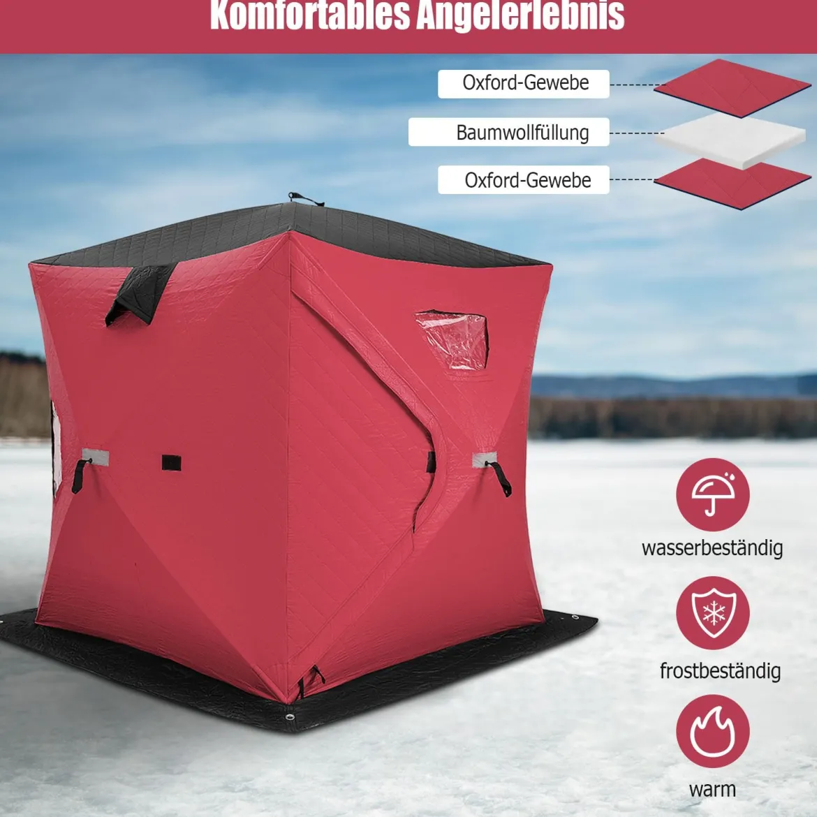 Isoliertes Pop up Eisangelzelt mit Gepolsterten Baumwollwänden Fenstern Eisschutzzelt Rot