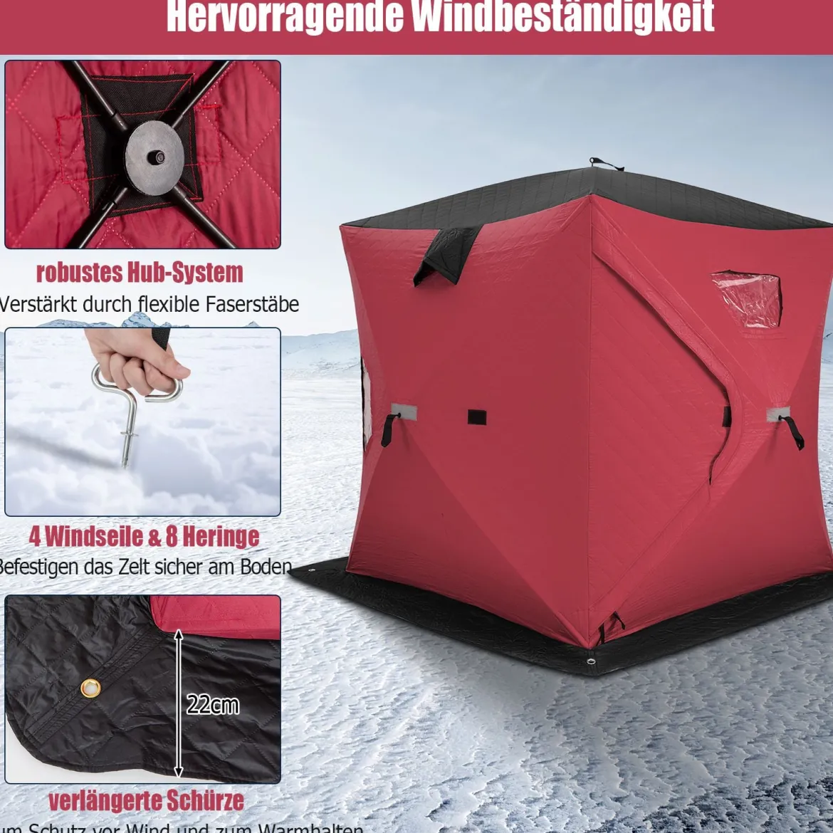 Isoliertes Pop up Eisangelzelt mit Gepolsterten Baumwollwänden Fenstern Eisschutzzelt Rot