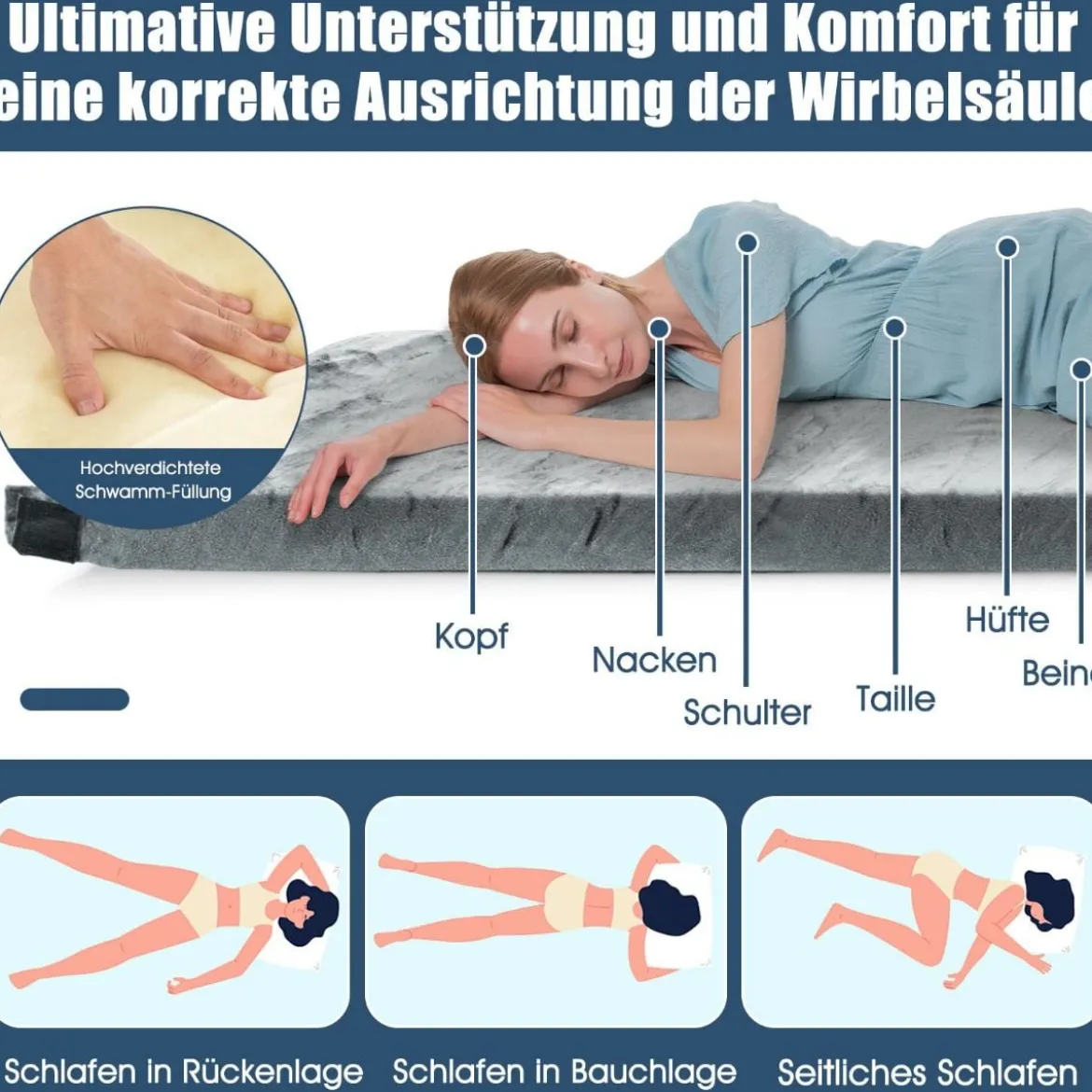 Isomatte Camping Campingmatratze aus Memory-Schaum leichte Schlafmatte mit Flanellbezug 183 x 62,5 x 6,5 cm