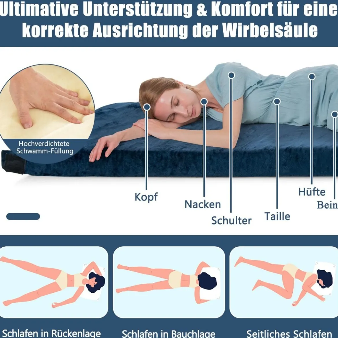 Isomatte Camping Campingmatratze aus Memory-Schaum leichte Schlafmatte mit Flanellbezug 183 x 62,5 x 6,5 cm