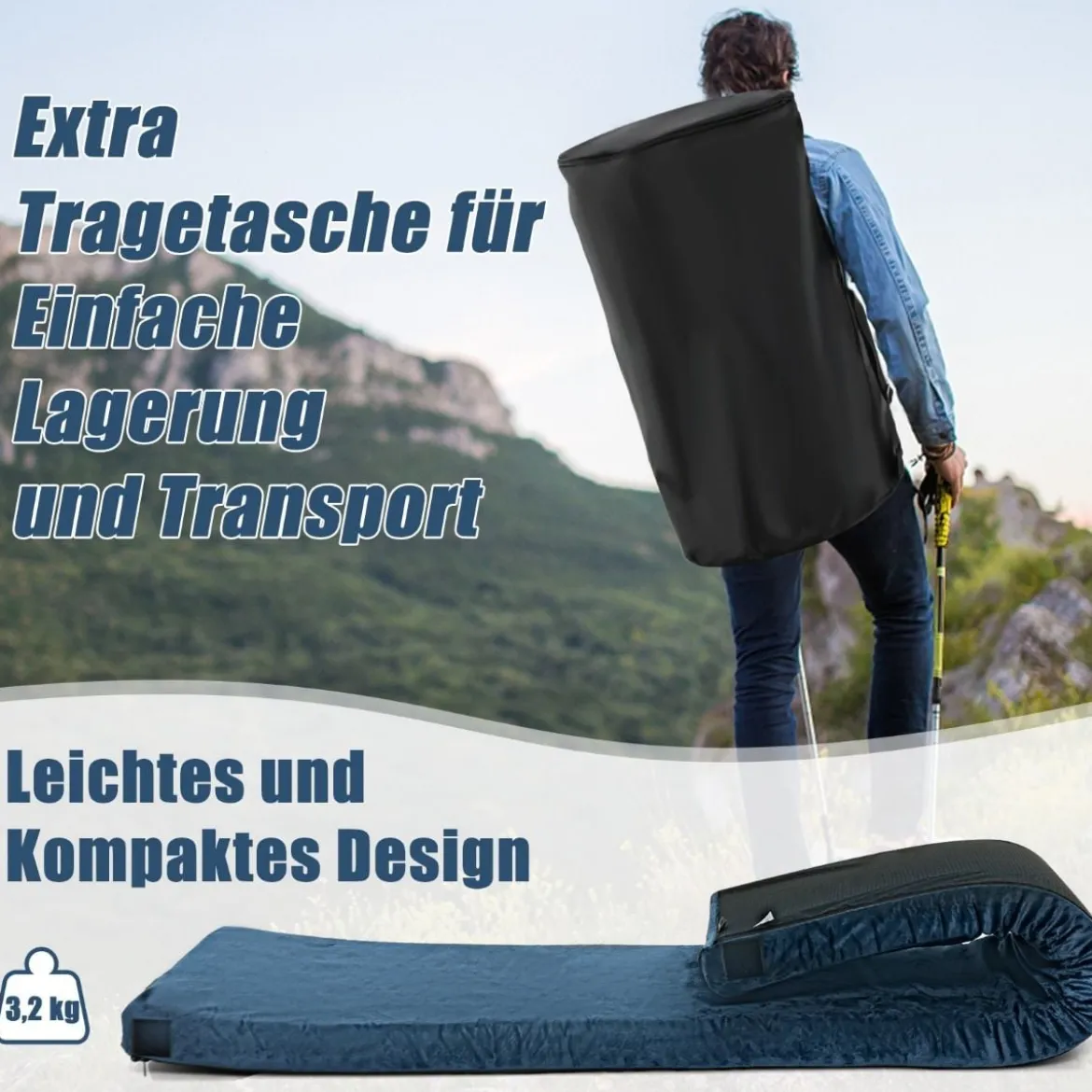 Isomatte Camping Campingmatratze aus Memory-Schaum leichte Schlafmatte mit Flanellbezug 183 x 62,5 x 6,5 cm