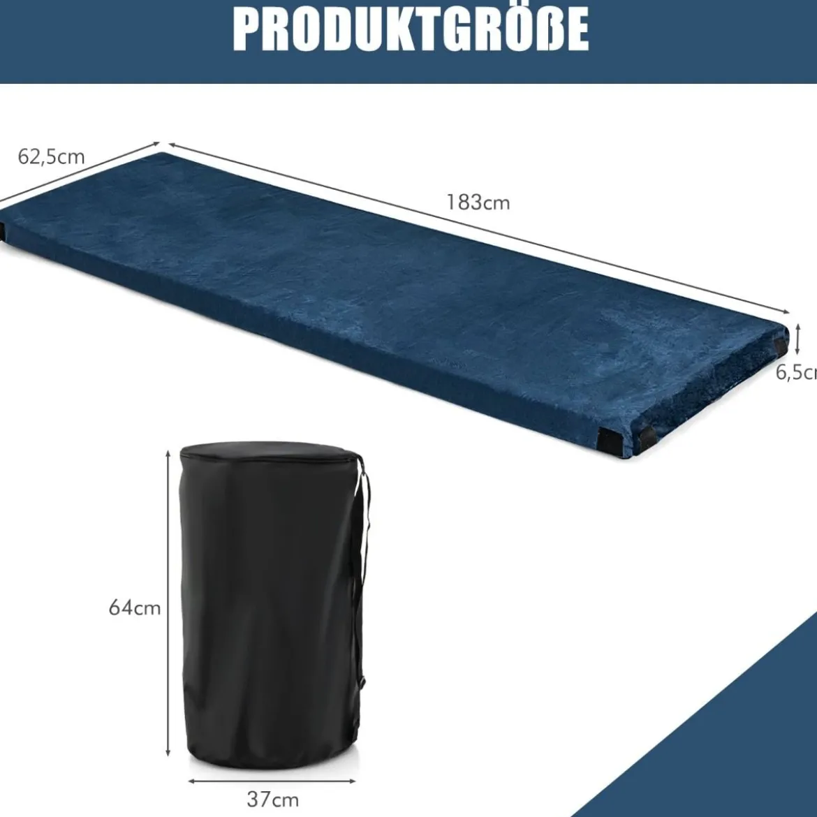 Isomatte Camping Campingmatratze aus Memory-Schaum leichte Schlafmatte mit Flanellbezug 183 x 62,5 x 6,5 cm