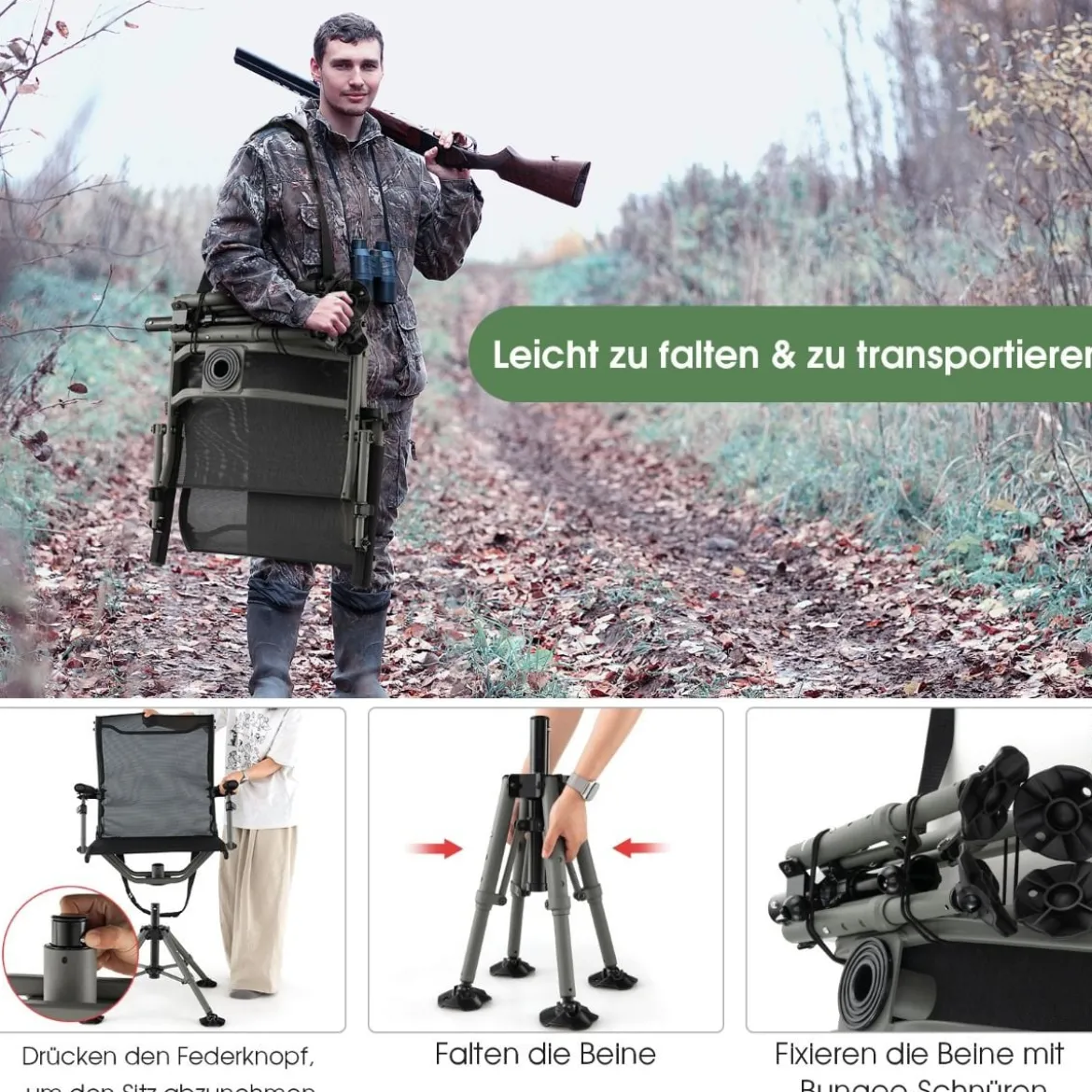 Jagdstuhl 360° drehbar klappbarer Campingstuhl höhenverstellbarer Drehstuhl 60 x 60 x 94/97/100 cm Schwarz