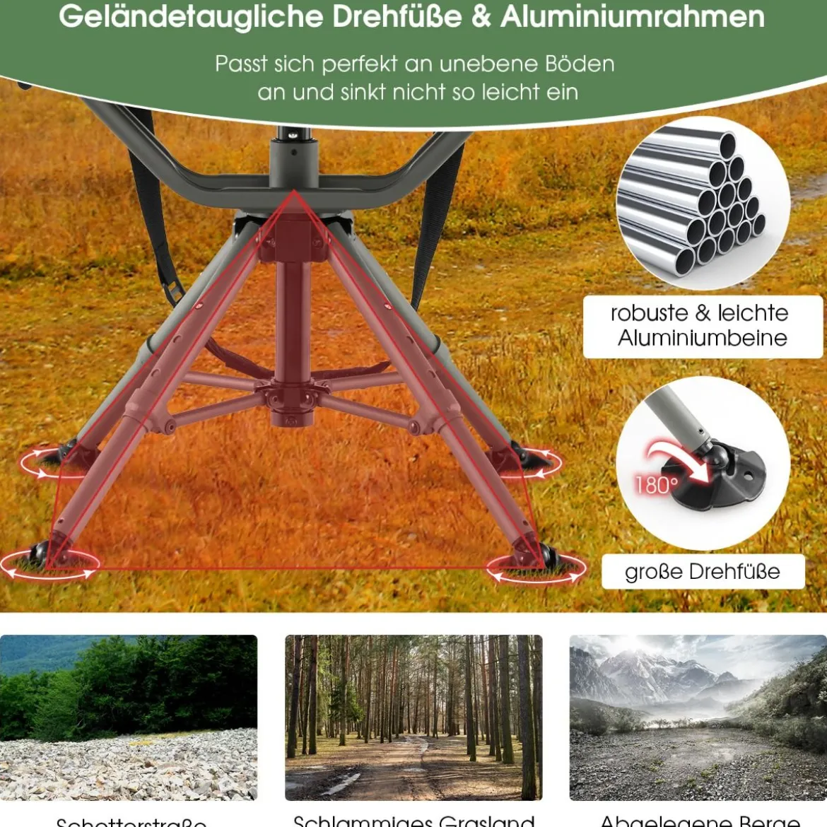 Jagdstuhl 360° drehbar klappbarer Campingstuhl höhenverstellbarer Drehstuhl 60 x 60 x 94/97/100 cm Schwarz