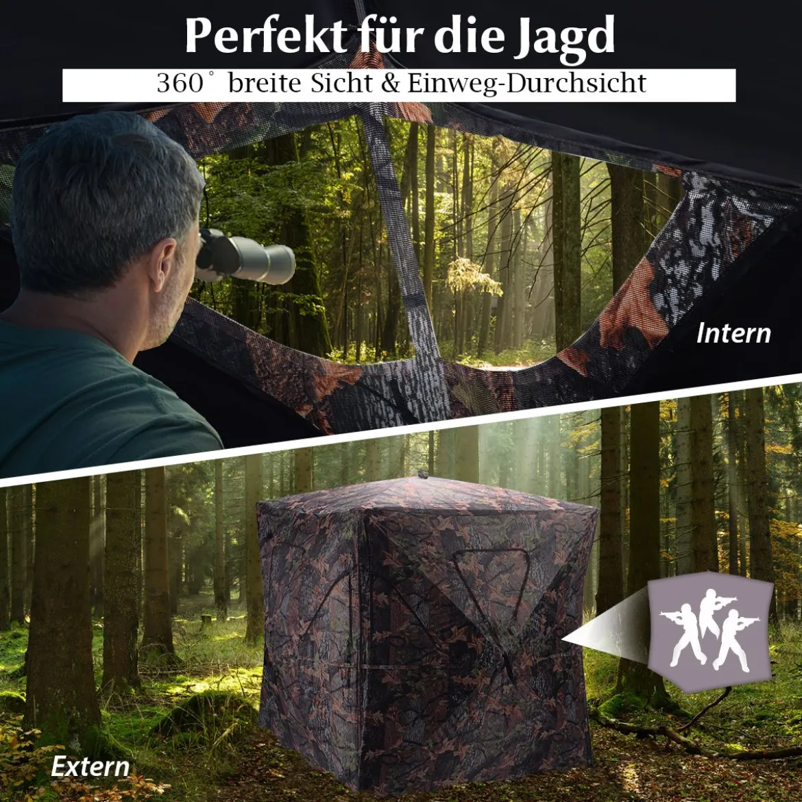 Jagdzelt mit 360°-Weitsicht & Tragetasche Jagdunterstand Bodenzelt für 2 Personen