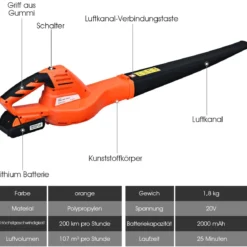 Kabelloser Laubbläser Kehrmaschine mit Akku leichtgewichtiges Elektrogebläse 20V 200 km/h
