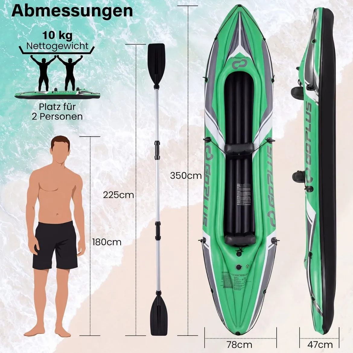 Kajak Aufblasbar für 2 Personen Schlauchboot mit 2 Aluminiumpaddel Fußstützen bis 160 kg Belastbar Grün