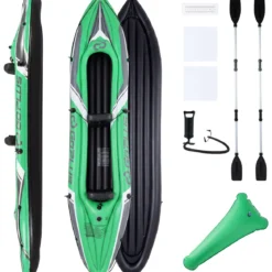Kajak Aufblasbar für 2 Personen Schlauchboot mit 2 Aluminiumpaddel Fußstützen bis 160 kg Belastbar Grün