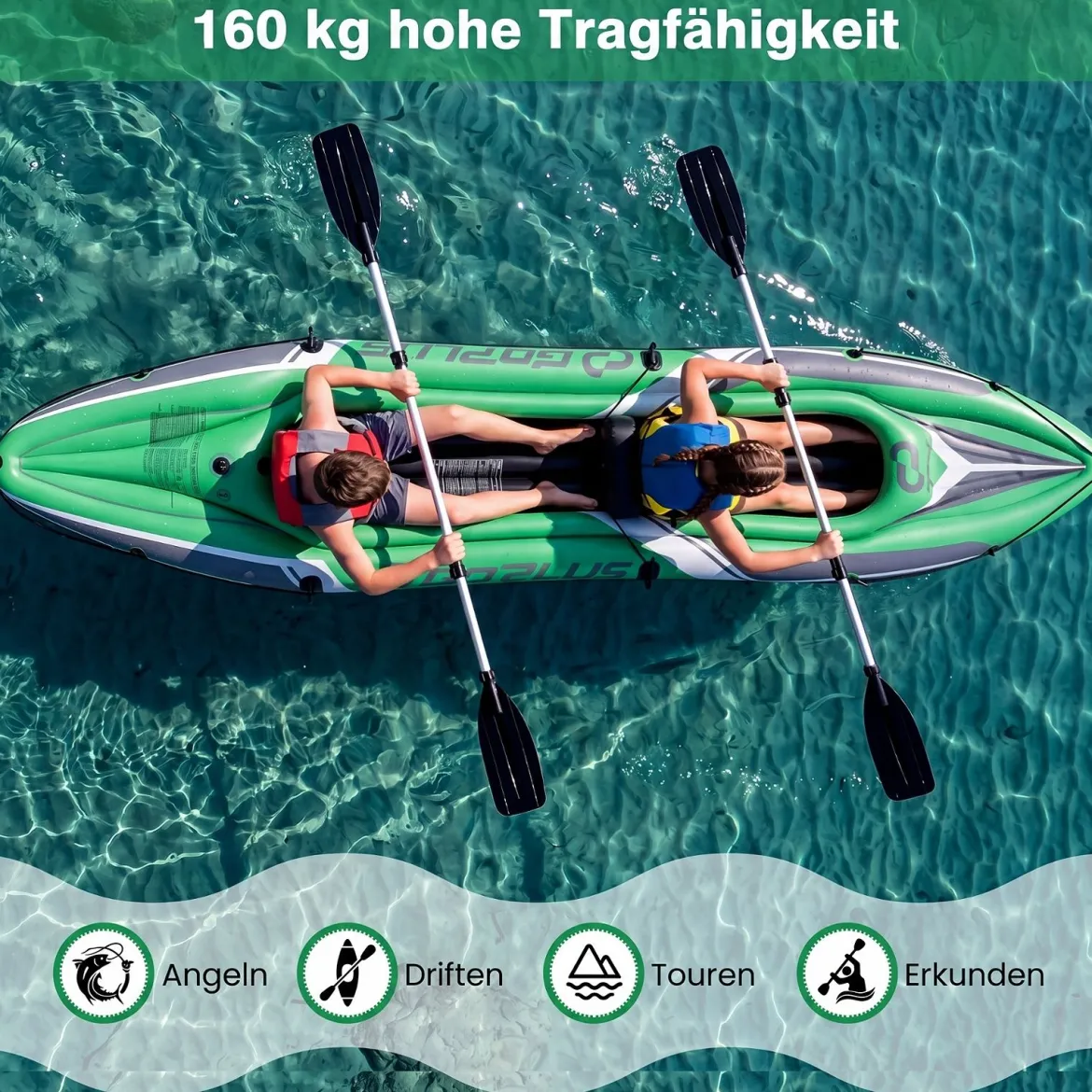 Kajak Aufblasbar für 2 Personen Schlauchboot mit 2 Aluminiumpaddel Fußstützen bis 160 kg Belastbar Grün