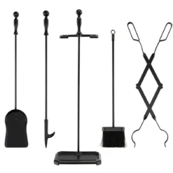 Kaminbesteck Set Holzofen Kaminzubehör mit Zange Handfeger Schaufel Schürhaken Ständer Kamingarnitur