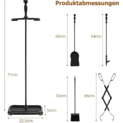 Kaminbesteck Set Holzofen Kaminzubehör mit Zange Handfeger Schaufel Schürhaken Ständer Kamingarnitur