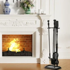 Kaminbesteck Set Holzofen Kaminzubehör mit Zange Handfeger Schaufel Schürhaken Ständer Kamingarnitur