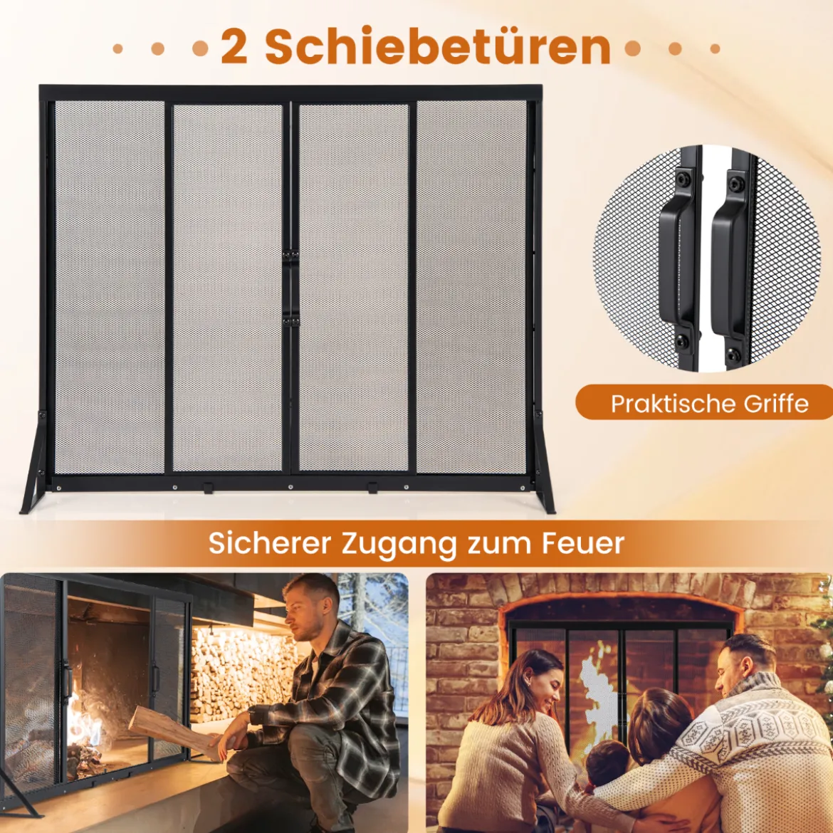 Kaminschirm mit Schiebetüren Freistehender Kaminfunkenschutz mit Dreiecksstützrahmen 96 x 79 cm
