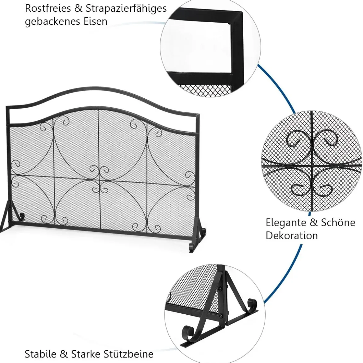 Kaminschutzgitter Funkenschutz aus Eisen mit Metallgitter 112 x 32 x 83 cm Schwarz