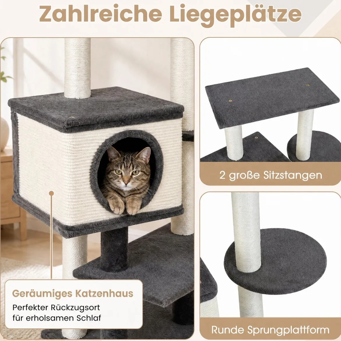 Katzenbaum 99 cm Kratzbaum mit Katzhaus Kratzbrett Sisalpfosten & Breitem Sockel Grau