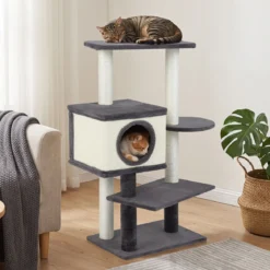 Katzenbaum 99 cm Kratzbaum mit Katzhaus Kratzbrett Sisalpfosten & Breitem Sockel Grau