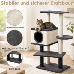 Katzenbaum 99 cm Kratzbaum mit Katzhaus Kratzbrett Sisalpfosten & Breitem Sockel Grau