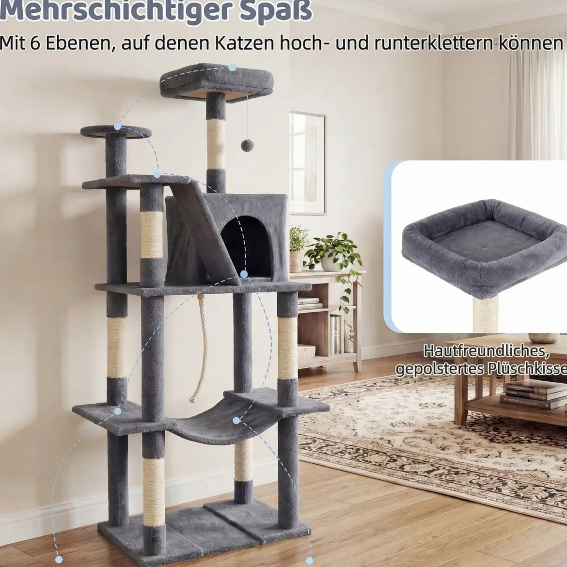 Katzenbaum 158cm Mehrstöckig Aussichtsplatz Höhle Hängematte Sisal-Kratzpfosten Kletterstand Für Kätzchen Dunkelgrau