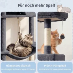 Katzenbaum 158cm Mehrstöckig Aussichtsplatz Höhle Hängematte Sisal-Kratzpfosten Kletterstand Für Kätzchen Dunkelgrau
