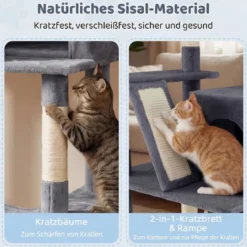 Katzenbaum 158cm Mehrstöckig Aussichtsplatz Höhle Hängematte Sisal-Kratzpfosten Kletterstand Für Kätzchen Dunkelgrau