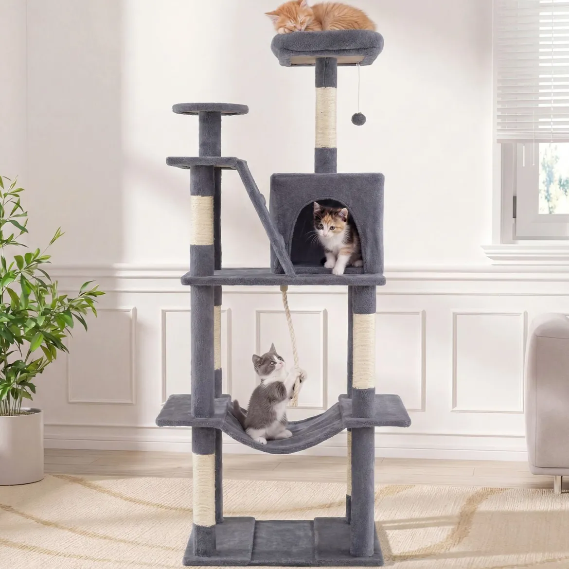 Katzenbaum 158cm Mehrstöckig Aussichtsplatz Höhle Hängematte Sisal-Kratzpfosten Kletterstand Für Kätzchen Dunkelgrau