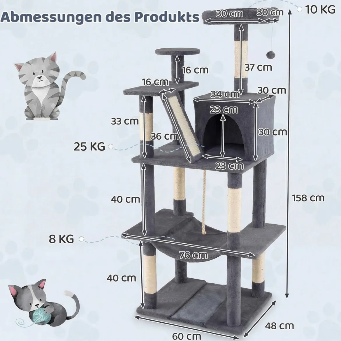 Katzenbaum 158cm Mehrstöckig Aussichtsplatz Höhle Hängematte Sisal-Kratzpfosten Kletterstand Für Kätzchen Dunkelgrau