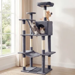 Katzenbaum 158cm Mehrstöckig Aussichtsplatz Höhle Hängematte Sisal-Kratzpfosten Kletterstand Für Kätzchen Dunkelgrau