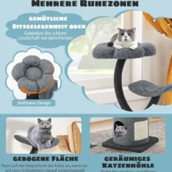 Katzenbaum für drinnen mit gebogenem Metallrahmen Sisal-Kratzbrett 2 Liegeflächen Katzenhöhle 3-Ebenen Katzenaktivitätszentrum Grau