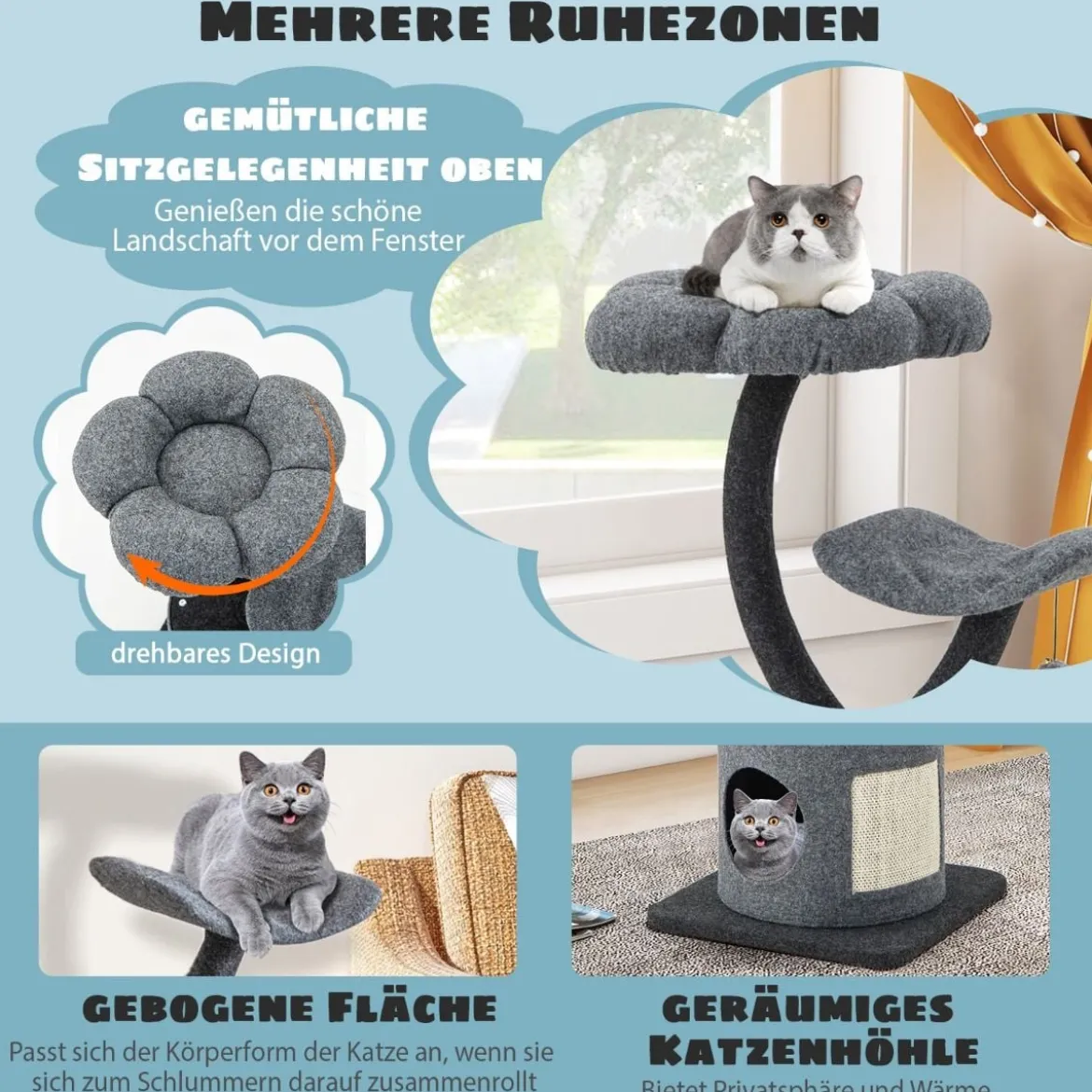 Katzenbaum für drinnen mit gebogenem Metallrahmen Sisal-Kratzbrett 2 Liegeflächen Katzenhöhle 3-Ebenen Katzenaktivitätszentrum Grau