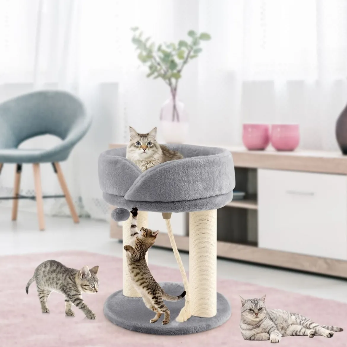Katzenbaum Katzenkratzbaum mit Weicher Sitzfläche Sisalturm für Katzen Grau
