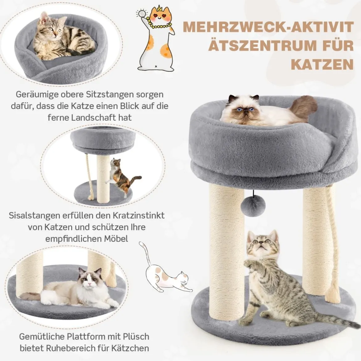 Katzenbaum Katzenkratzbaum mit Weicher Sitzfläche Sisalturm für Katzen Grau