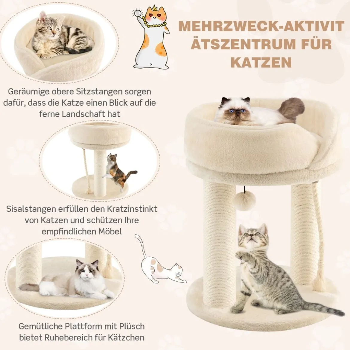 Katzenbaum Katzenkratzbaum mit Weicher Sitzfläche Sisalturm für Katzen Beige