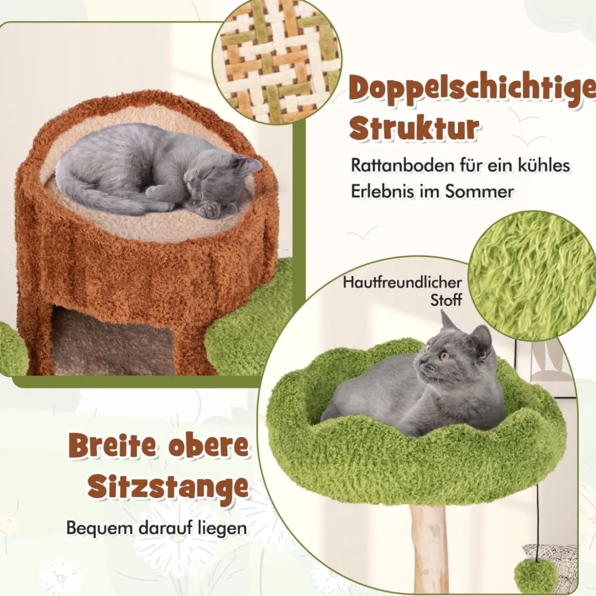 Katzenbaum mit Baumloch-Design & 2 Stöckigem Katzenhaus & Kratzsäulen & Sisal Paneel